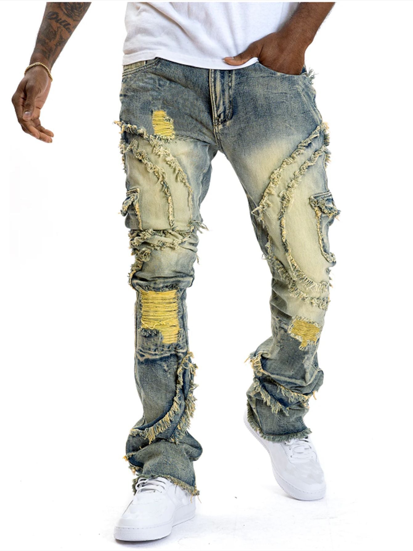 Vaqueros elásticos con flecos y patchwork para hombre, ligeramente acampanados