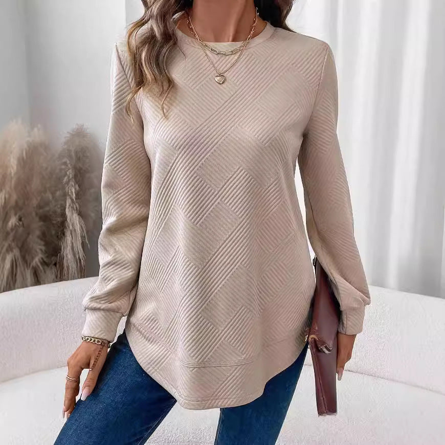 Camisa informal de manga larga con cuello redondo para mujer