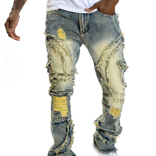 Vaqueros elásticos con flecos y patchwork para hombre, ligeramente acampanados