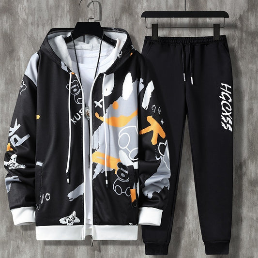 Traje casual estampado con cremallera de manga larga para primavera y otoño para hombre