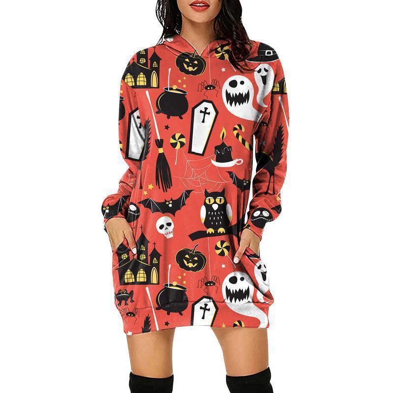 Vestido tipo sudadera holgado de manga larga para Halloween para mujer