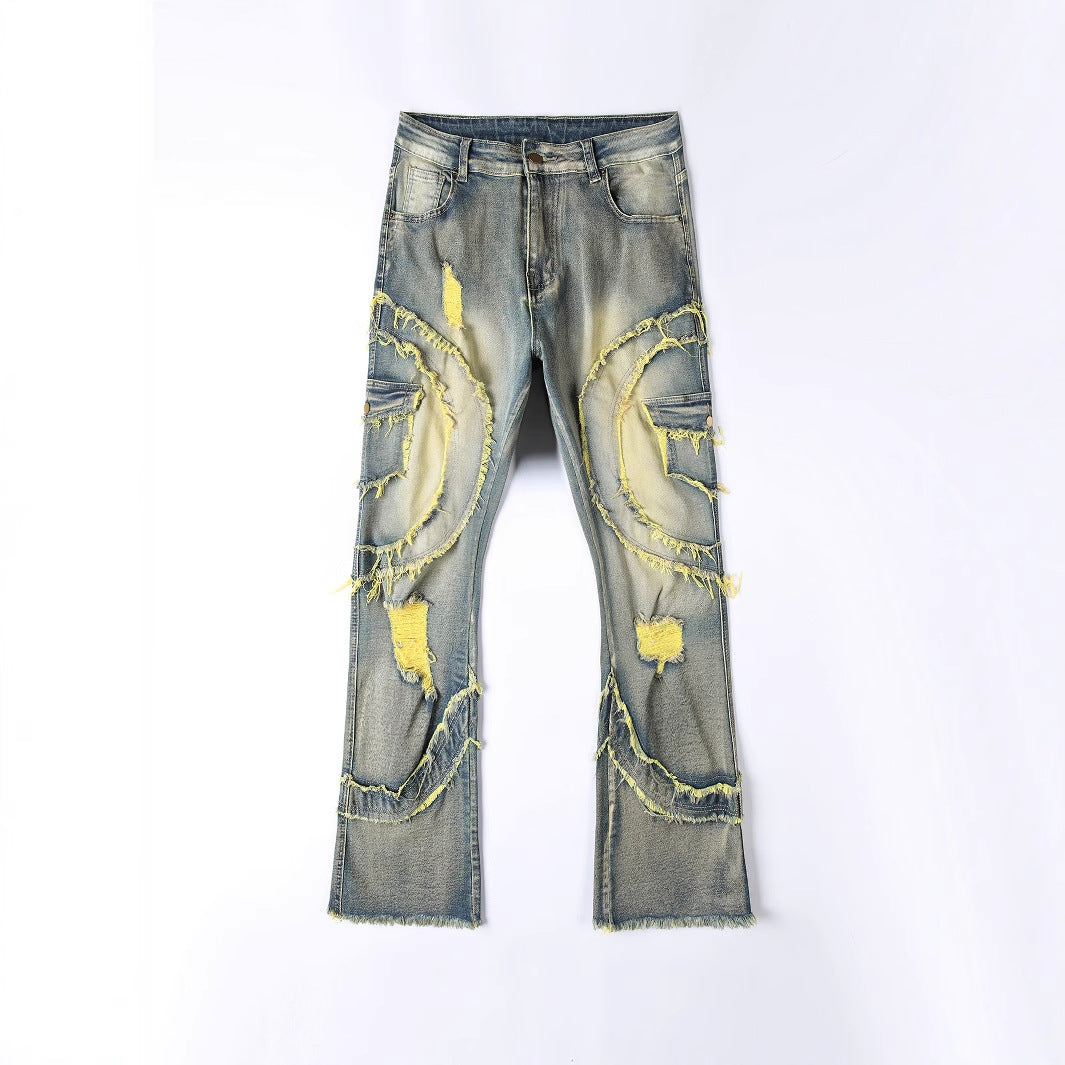 Vaqueros elásticos con flecos y patchwork para hombre, ligeramente acampanados