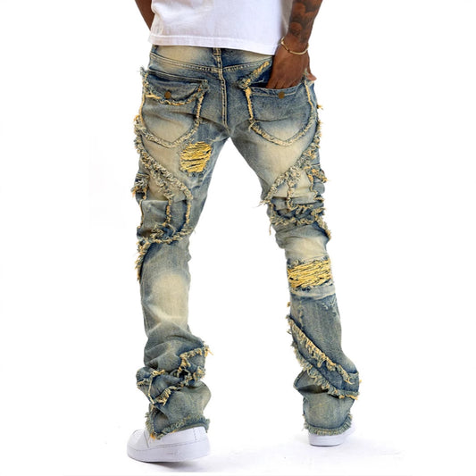 Men's patchwork slightly fringed Jeans