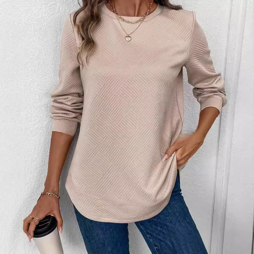 Camisa informal de manga larga con cuello redondo para mujer